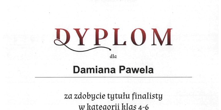 Dyplom dla Damiana Pawela