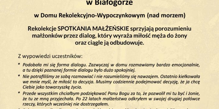 Rekolekcje poświęcone odnowieniu i umocnieniu więzi małżeńskiej 7-9 marca 2025